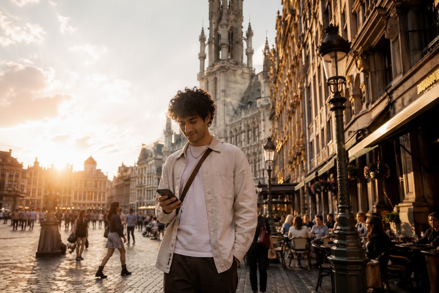 A man checks his phone on the Grand-Place in Brussels at golden hour, café terraces busy behind him